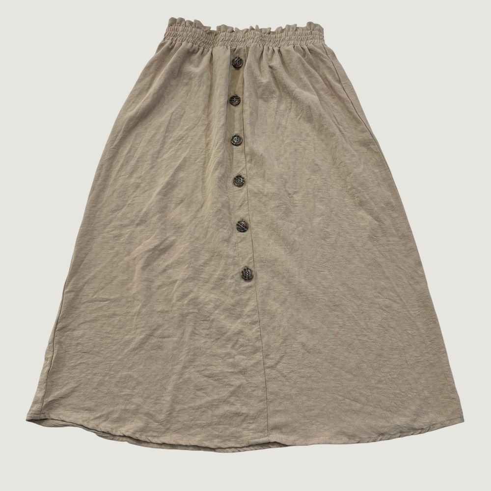 Soho Apparel Ltd Midi Skirt Womens Large Tan Beige Button Front Elastic Waist